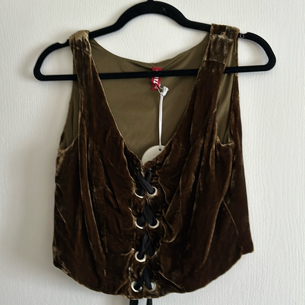 NWT STAUD Lace Up Velvet Crop Top Olive Green Size M